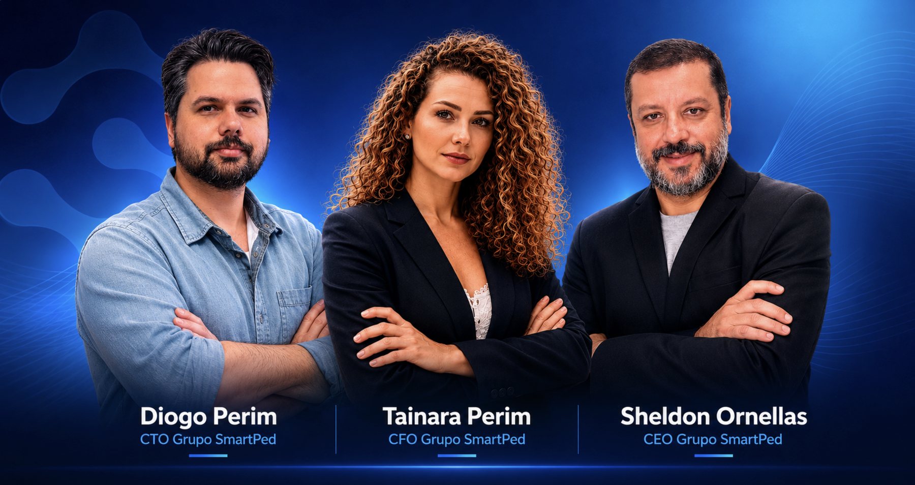 Liderança do Grupo SmartPed — Diogo Perim (CTO), Tainara Perim (CFO) e Sheldon Ornellas (CEO)